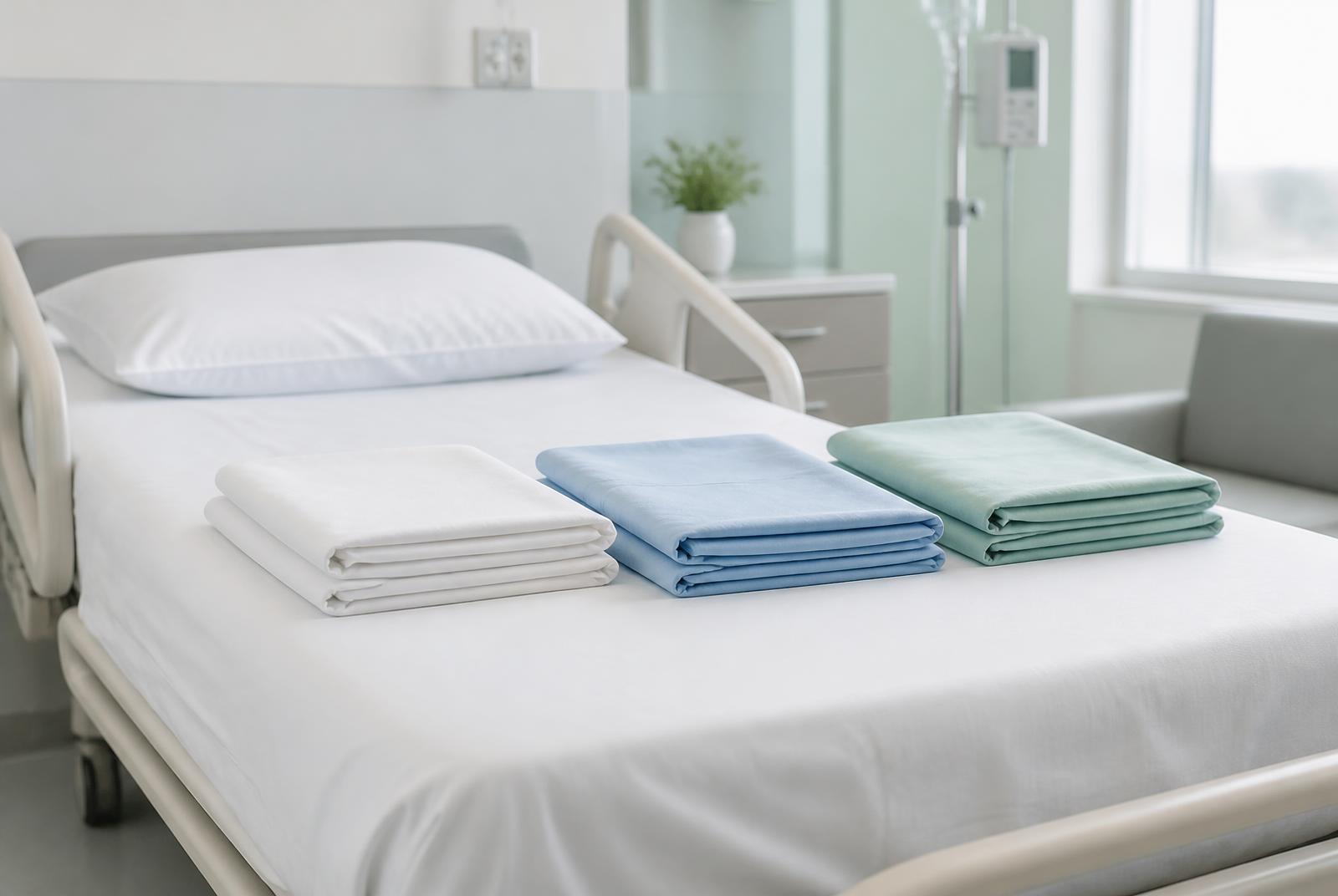 Roupas de cama hospitalares brancas, azuis e verde-água dobradas sobre cama.